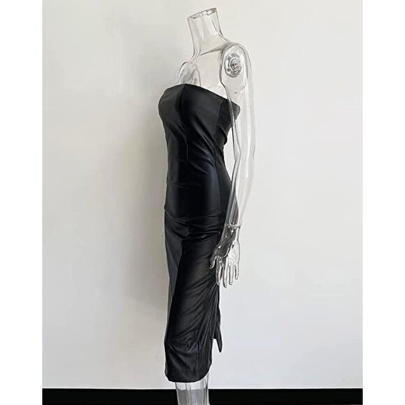 Sexy Black Leather Strapless Tube Top Bodycon Mini Bustier Pencil Midi Dress‎ - Picture 8 of 10